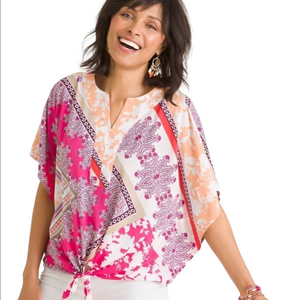 Chico's Hot Pink & Orange Printed Short Sleeve Tie Front Flowy Top Shirt